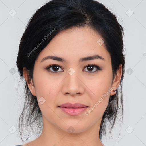 Joyful asian young-adult female with medium  black hair and brown eyes