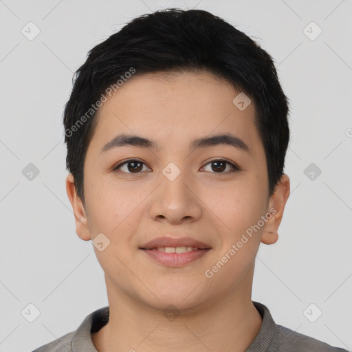 Joyful asian young-adult female with short  black hair and brown eyes