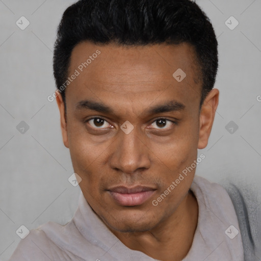 Neutral latino young-adult male with short  black hair and brown eyes