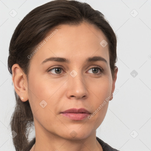 Neutral white young-adult female with medium  brown hair and brown eyes