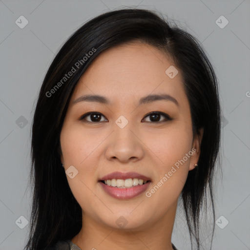 Joyful asian young-adult female with long  brown hair and brown eyes