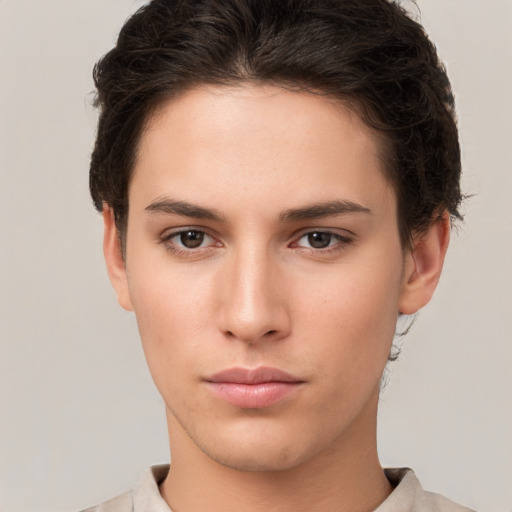 Neutral white young-adult female with short  brown hair and brown eyes