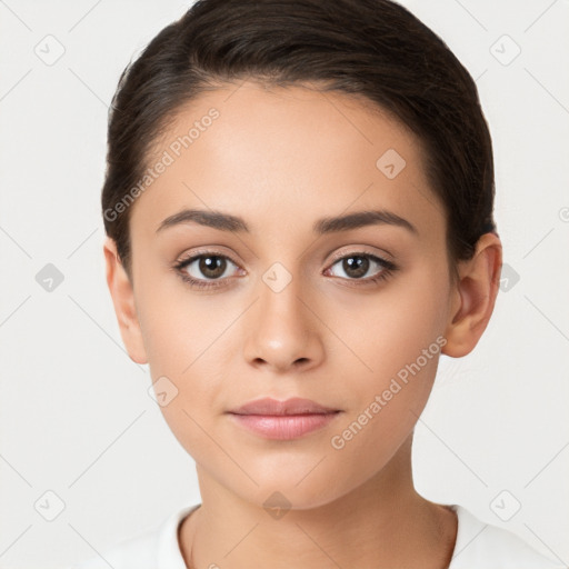 Neutral white young-adult female with short  brown hair and brown eyes