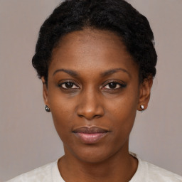 Neutral black young-adult female with short  black hair and brown eyes