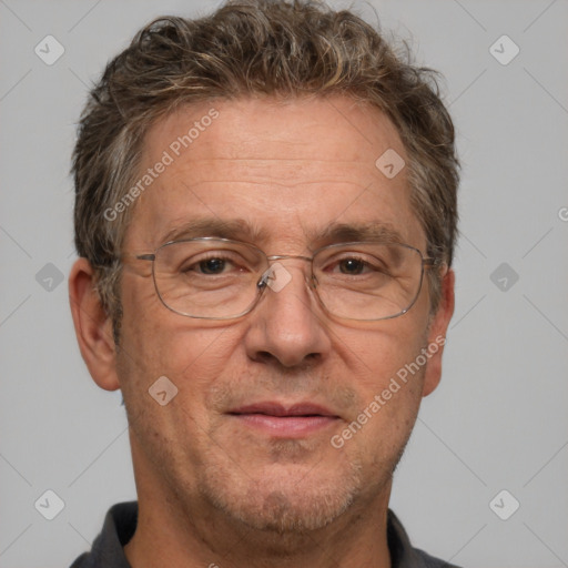 Joyful white middle-aged male with short  brown hair and brown eyes