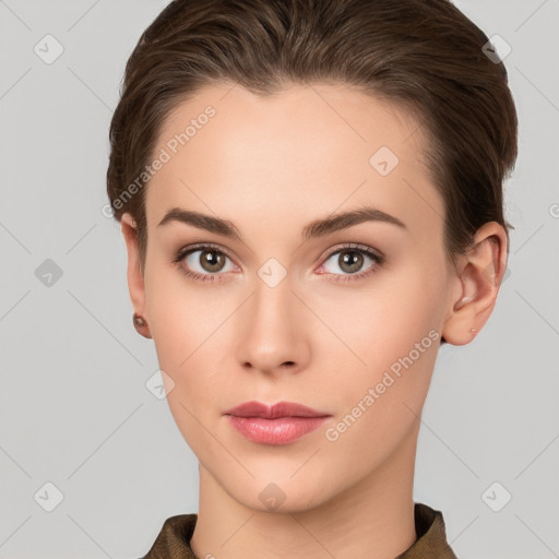 Neutral white young-adult female with short  brown hair and brown eyes