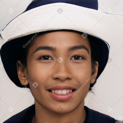 Joyful white young-adult female with short  black hair and brown eyes