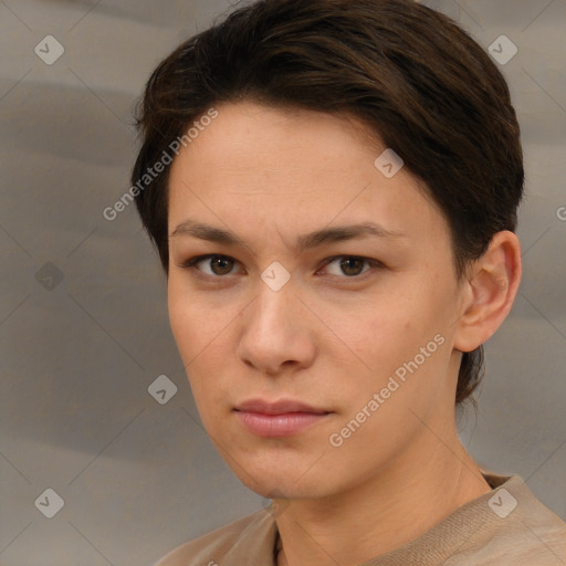 Neutral white young-adult female with short  brown hair and brown eyes