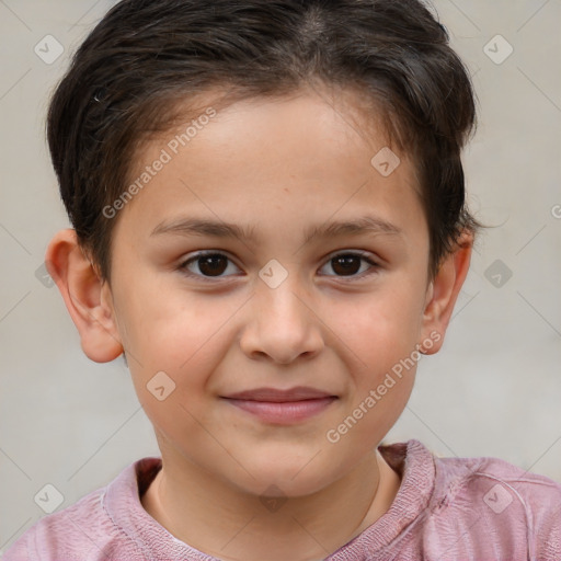 Joyful white child female with short  brown hair and brown eyes