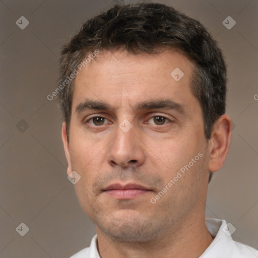 Neutral white adult male with short  brown hair and brown eyes