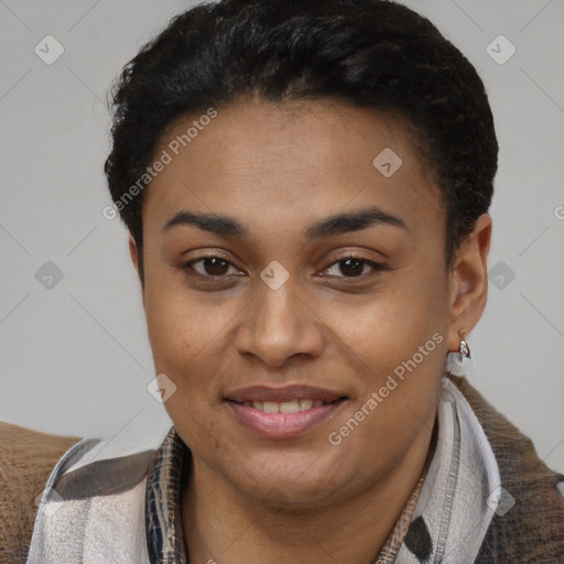 Joyful latino young-adult female with short  brown hair and brown eyes