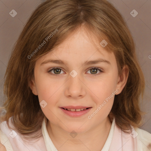 Joyful white child female with medium  brown hair and brown eyes