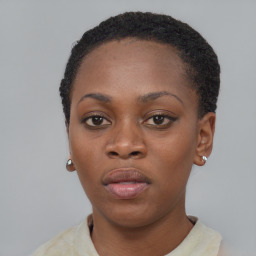 Neutral black young-adult female with short  brown hair and brown eyes