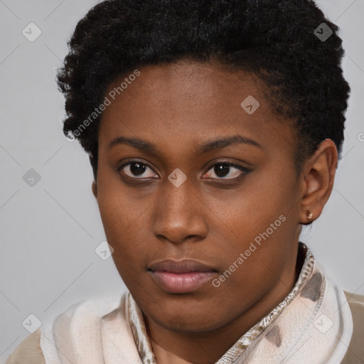 Neutral black young-adult female with short  brown hair and brown eyes