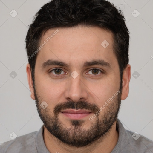 Joyful white young-adult male with short  brown hair and brown eyes