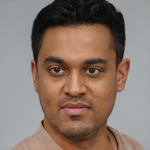 Neutral black young-adult male with short  black hair and brown eyes