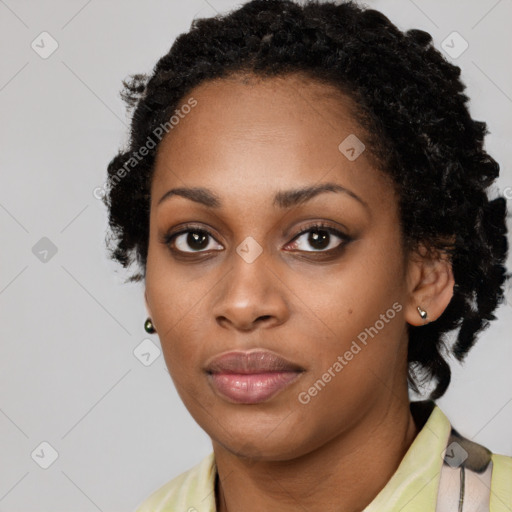 Neutral black young-adult female with short  black hair and brown eyes