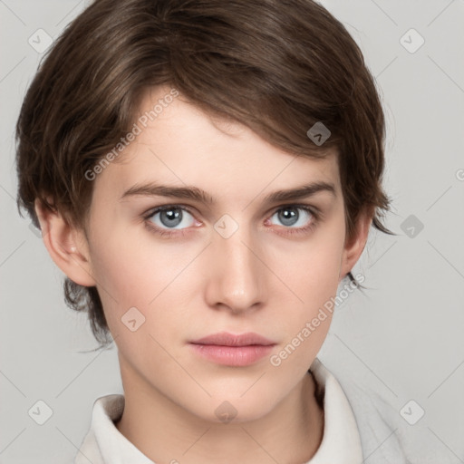 Neutral white young-adult female with medium  brown hair and grey eyes