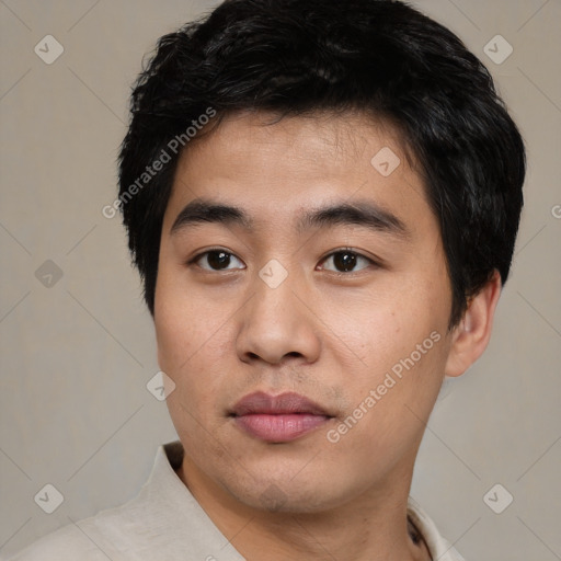 Neutral asian young-adult male with short  black hair and brown eyes