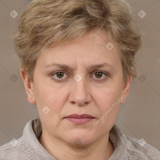 Joyful white adult female with short  brown hair and grey eyes