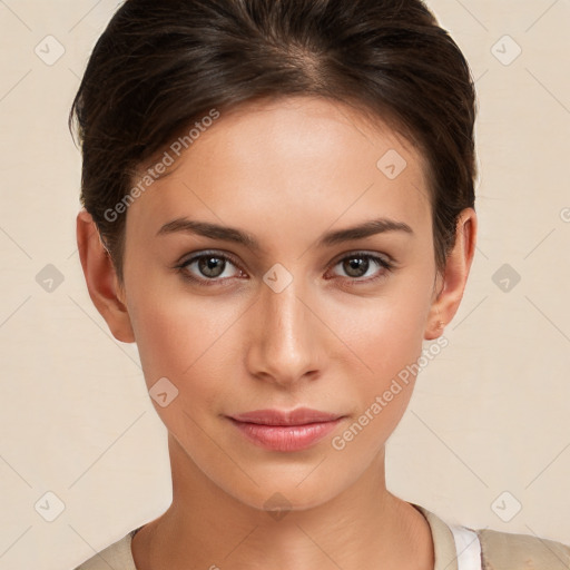 Neutral white young-adult female with short  brown hair and brown eyes