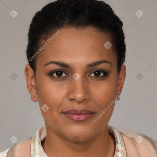 Joyful latino young-adult female with short  brown hair and brown eyes
