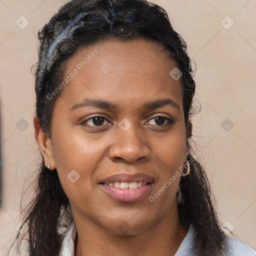 Joyful black young-adult female with medium  brown hair and brown eyes