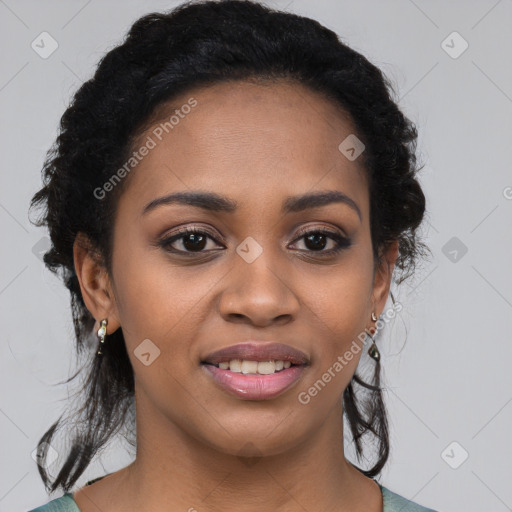 Joyful latino young-adult female with medium  black hair and brown eyes