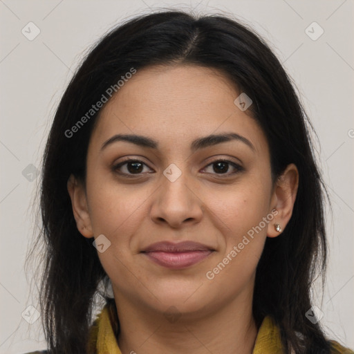 Joyful latino young-adult female with long  brown hair and brown eyes