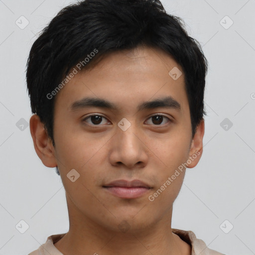 Neutral asian young-adult male with short  brown hair and brown eyes