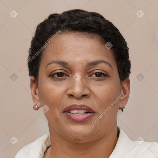 Joyful black adult female with short  brown hair and brown eyes