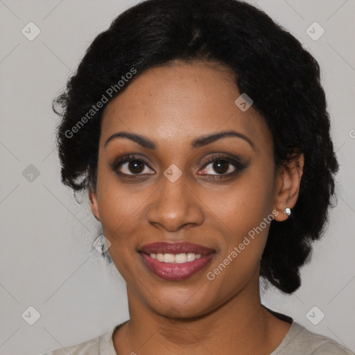 Joyful latino young-adult female with short  black hair and brown eyes