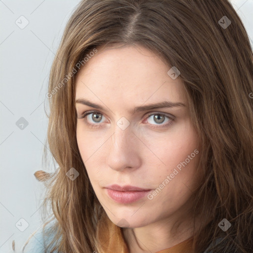 Neutral white young-adult female with long  brown hair and grey eyes