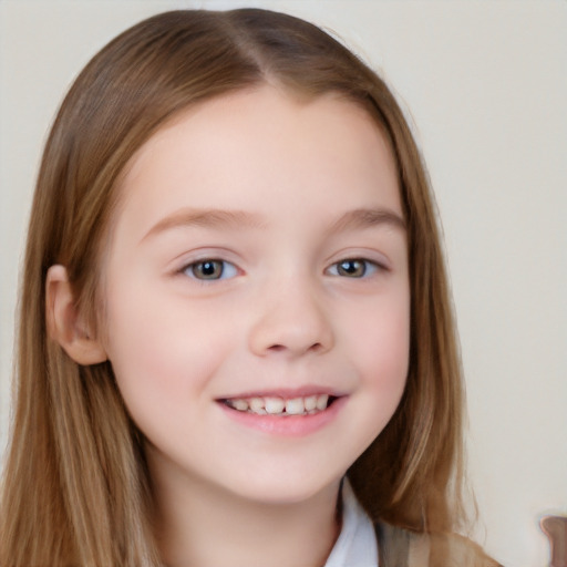 Joyful white child female with long  brown hair and brown eyes