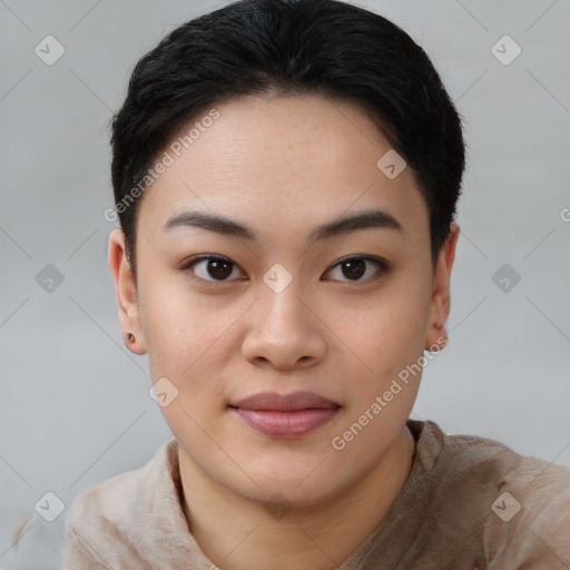 Joyful asian young-adult female with short  black hair and brown eyes