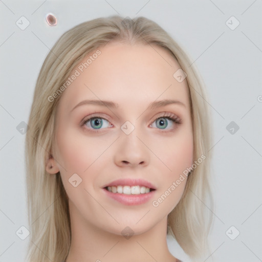 Joyful white young-adult female with long  brown hair and blue eyes