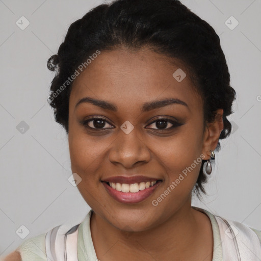 Joyful black young-adult female with medium  black hair and brown eyes
