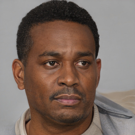 Neutral black adult male with short  brown hair and brown eyes