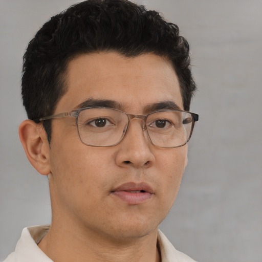 Neutral asian adult male with short  brown hair and brown eyes