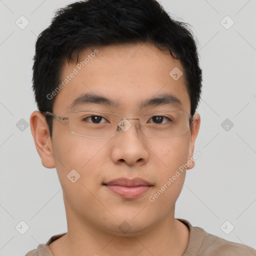 Neutral asian young-adult male with short  brown hair and brown eyes