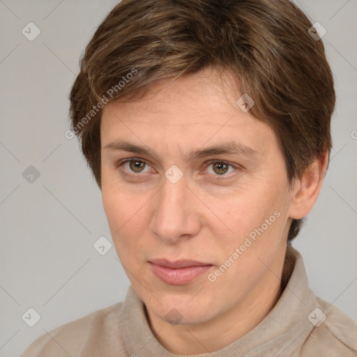 Joyful white adult female with short  brown hair and brown eyes