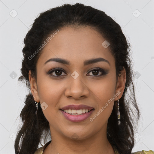 Joyful latino young-adult female with long  brown hair and brown eyes