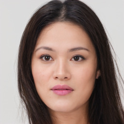 Neutral asian young-adult female with long  brown hair and brown eyes