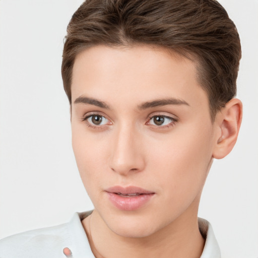 Neutral white young-adult female with short  brown hair and brown eyes