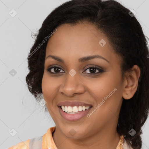 Joyful latino young-adult female with long  brown hair and brown eyes