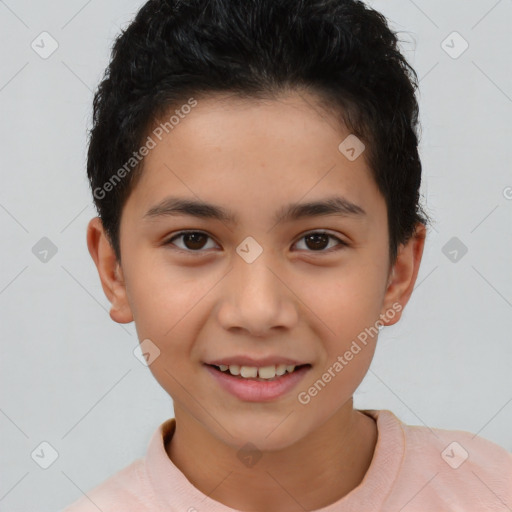 Joyful white child female with short  brown hair and brown eyes