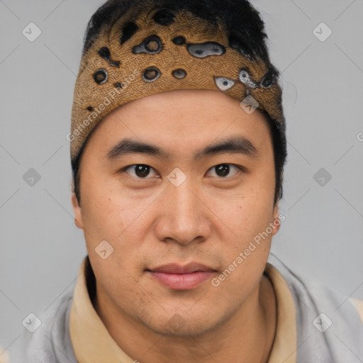 Joyful latino young-adult male with short  brown hair and brown eyes