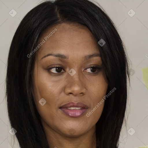 Joyful asian young-adult female with long  brown hair and brown eyes