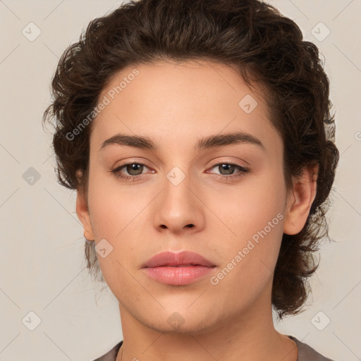 Neutral white young-adult female with medium  brown hair and brown eyes