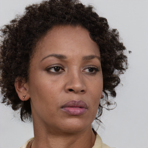 Neutral black adult female with short  brown hair and brown eyes